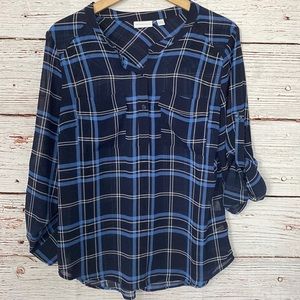Womens Blue Plaid New York and Company Large Work Blouse